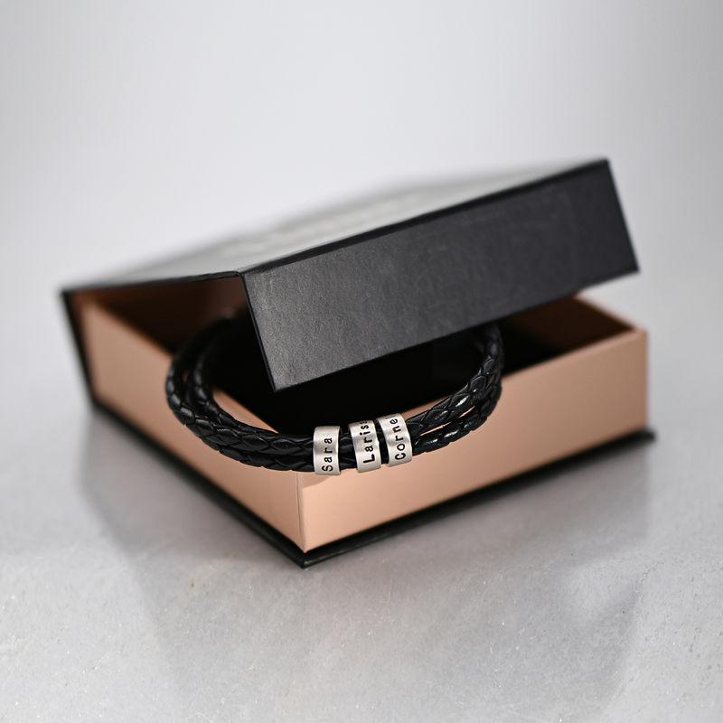Men's Black Leather Bracelet – Customizable with Silver or Gold Finishes