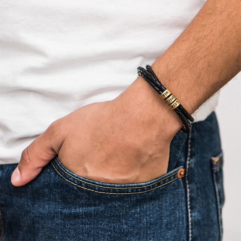 Men's Black Leather Bracelet – Customizable with Silver or Gold Finishes
